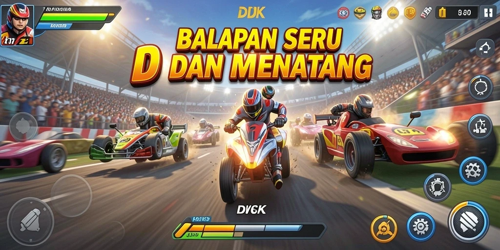 Gameplay DKK yang mendebarkan dengan balapan seru dan mobil cepat.
