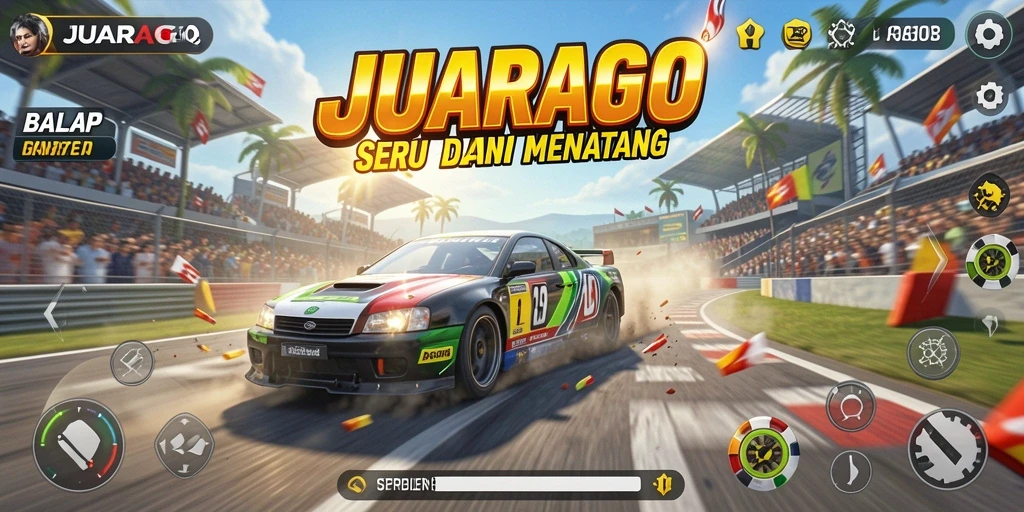 Screenshot gameplay JUARAGO menampilkan aksi balapan mendebarkan.