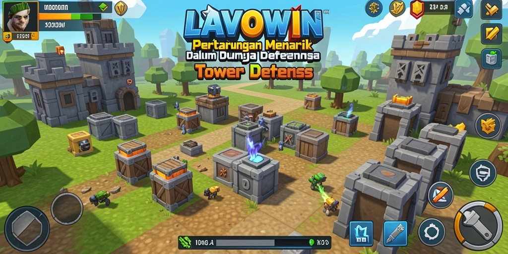 Screenshot LAVOWIN menampilkan aksi seru dalam pertempuran Tower Defense.