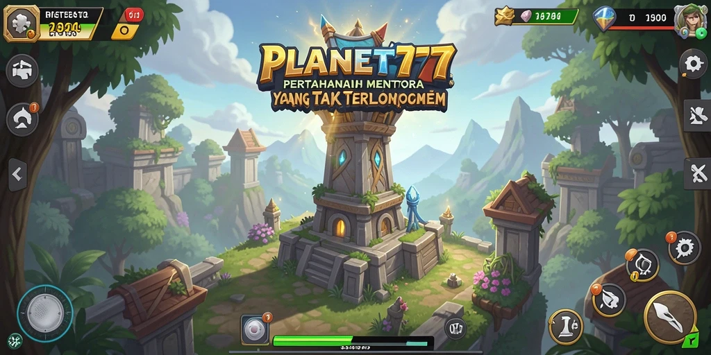 Screenshot utama <strong>PLANET77</strong> menampilkan aksi menara bertahan melawan gelombang musuh yang mendebarkan.