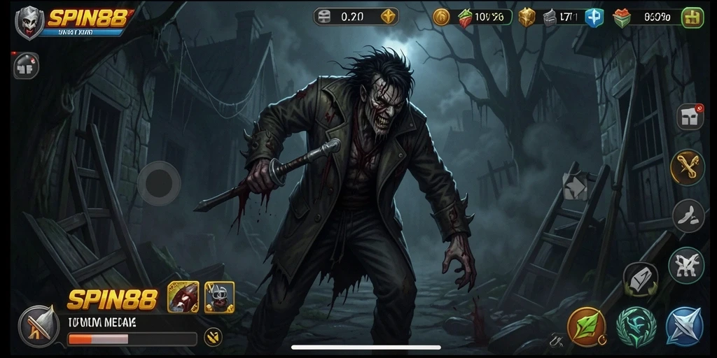 Tampilan mencekam dari gameplay SPIN88 yang menampilkan suasana horor.